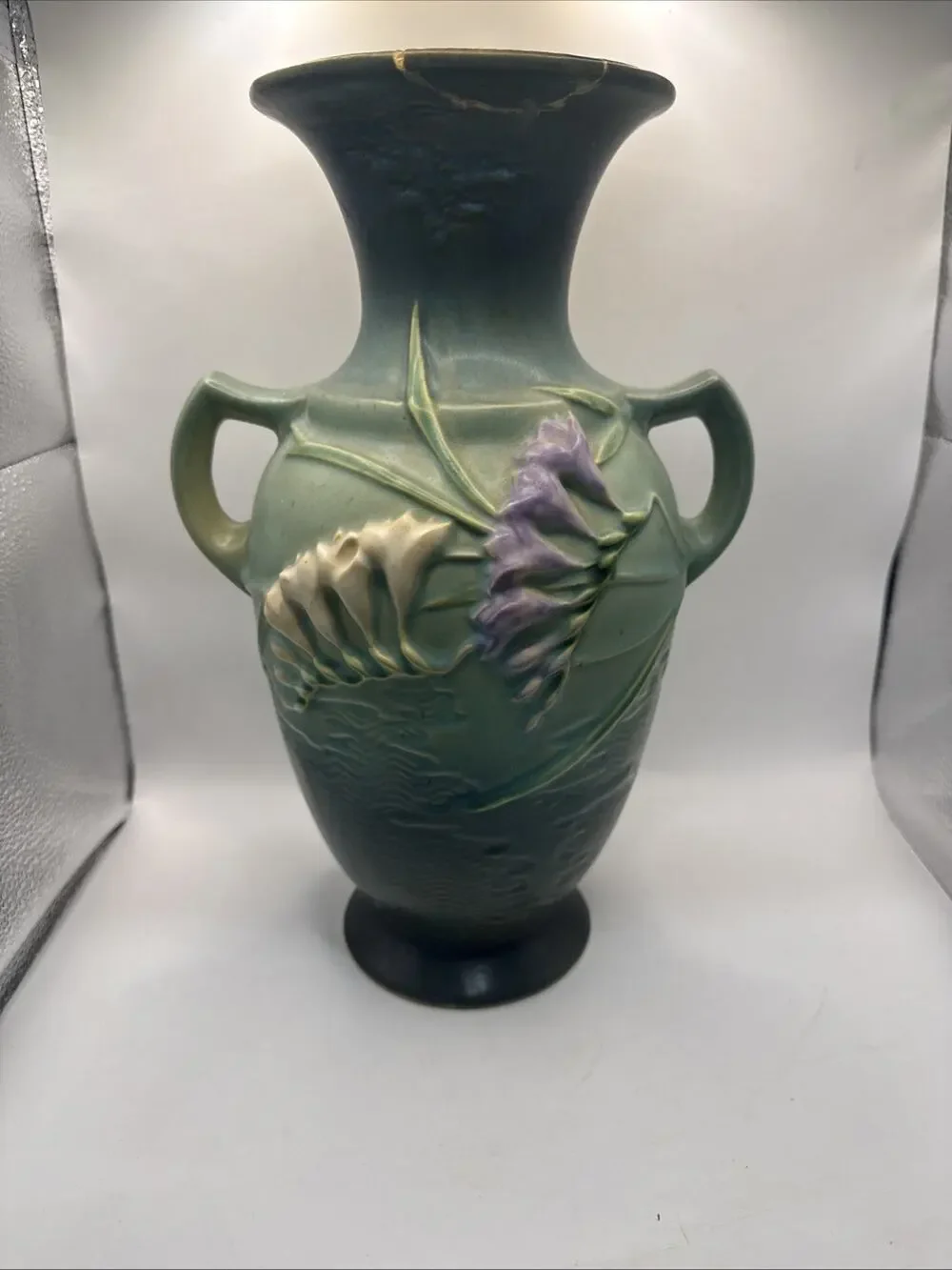 Roseville Freesia 2-Handled Vase In Green / Blue Model 127-12 12” *